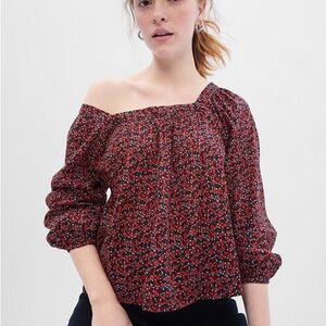GAP Square Neck Red, Pink, and Black Floral Patterned Long Sleeve Blouse Sz XL